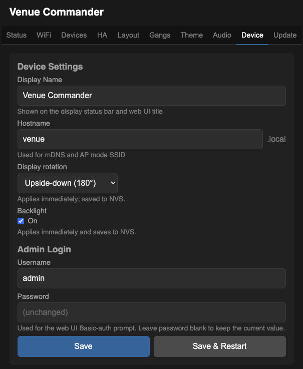 Device tab in the web UI