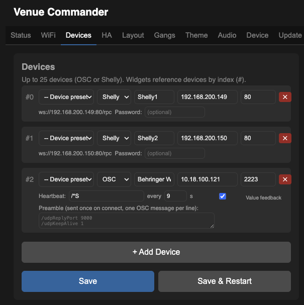 Devices tab with several devices configured