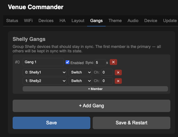 Gangs tab with a gang configured