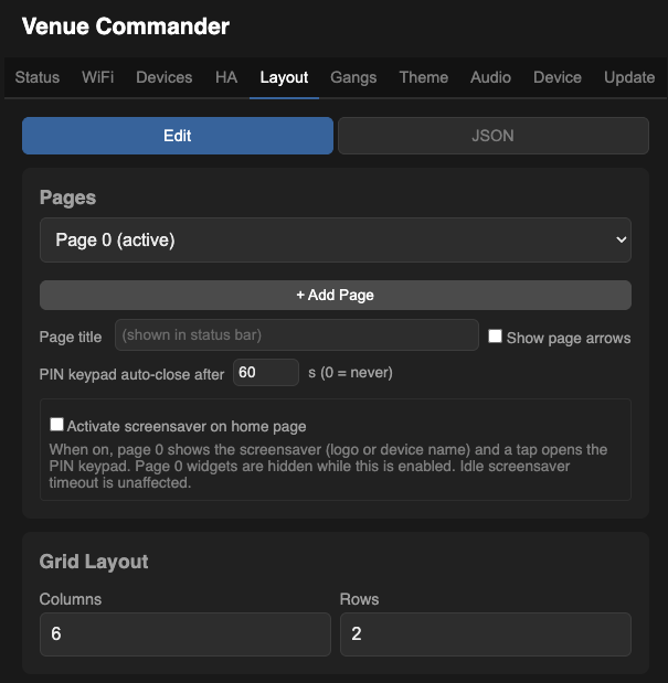 Layout editor — page settings and widget list