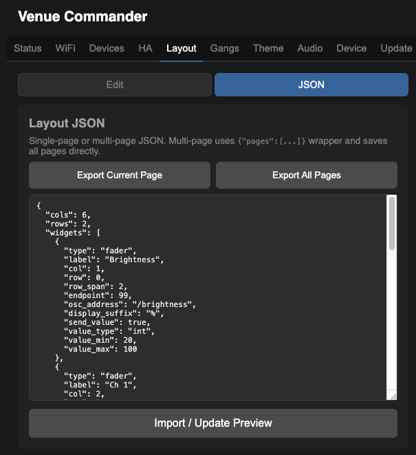 Layout tab in JSON mode