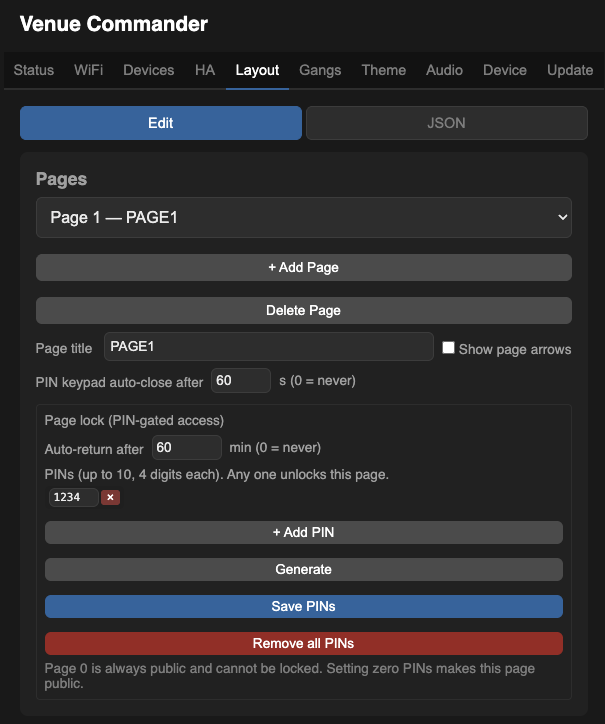 Page PIN Lock sub-panel on the Layout tab