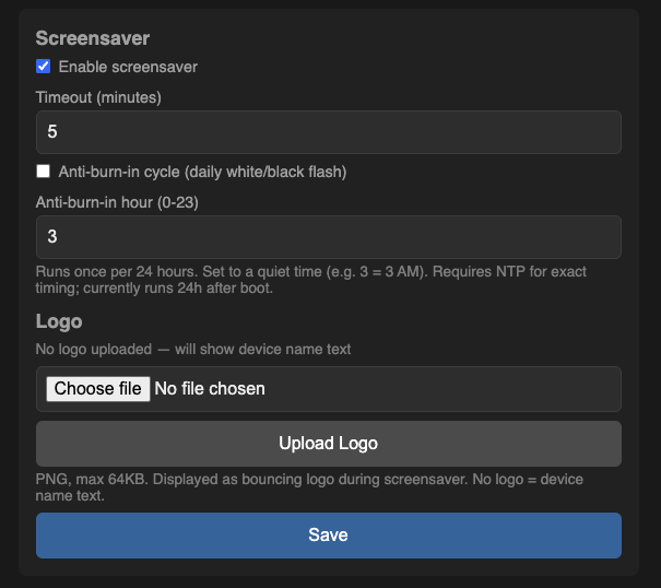 Screensaver settings panel on the Device tab
