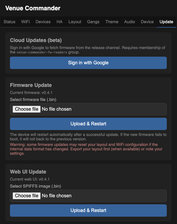 Update tab in the web UI